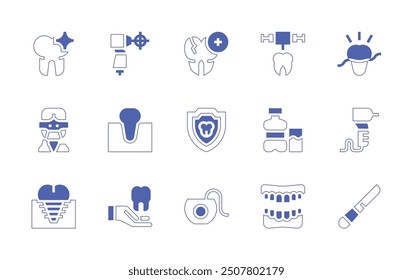 Dentist icon set. Duotone style line stroke and bold. Vector illustration. Containing mouthwash, tooth, dentalinsurance, dentist, teeth, dentaldrill, scalpel, floss.