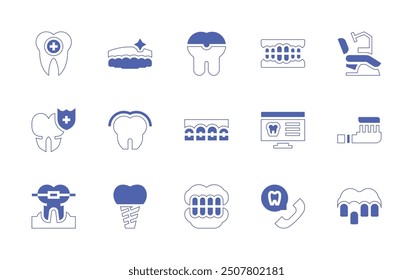 Dentist icon set. Duotone style line stroke and bold. Vector illustration. Containing toothbrush, dentist, tooth, enamel, denture, teeth, prosthesis, medicalhistory, braces, dentalchair.