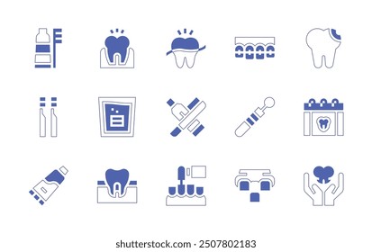 Dentist icon set. Duotone style line stroke and bold. Vector illustration. Containing toothbrush, toothpaste, dentist, tooth, dentaldrill, toothache, teeth, dentures, brackets.