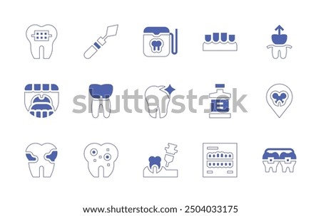Dentist icon set. Duotone style line stroke and bold. Vector illustration. Containing dentist, dentalcare, dentalfloss, falseteeth, anesthesia, pin, cavity, premolar, extraction, mouthwash, xray, brac