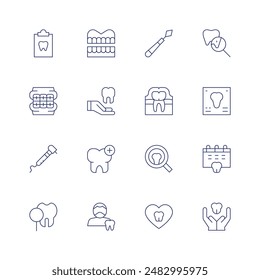 Dentist icon set. Thin line icon. Editable stroke. Containing braces, dental, dentalinsurance, denture, enamel, periodontalscaler, tooth.