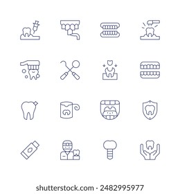 Dentist icon set. Thin line icon. Editable stroke. Containing anesthesia, brushingteeth, chewinggum, dentalcare, dentalfloss, dentalveneer, dentist, dentisttools.