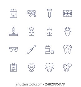 Dentist icon set. Thin line icon. Editable stroke. Containing anesthesia, calendar, dentalimplant, dentalveneers, doctor, implant, removal, teeth.