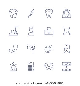 Dentist icon set. Thin line icon. Editable stroke. Containing anesthesia, calculus, dentalcare, dentalfloss, dentalveneer, dentist, dentisttools.