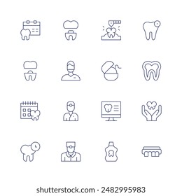 Dentist icon set. Thin line icon. Editable stroke. Containing appointment, calendar, dentalcrown, dentalimplant, dentist, drill, floss, invoice.