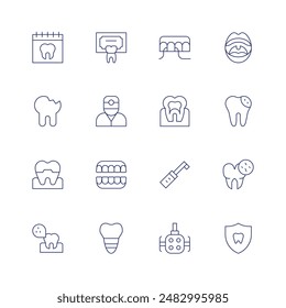 Conjunto de iconos de dentista. Icono de línea fina. Trazo editable. Contiene calendario, agrietado, corona dental, dentista, dentadura, cepillo de dientes eléctrico, hilo dental, nervio.