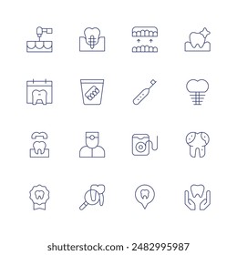 Dentist icon set. Thin line icon. Editable stroke. Containing calendar, crown, dentaldrill, dentalimplant, dentist, denture, electrictoothbrush, orthodontic.