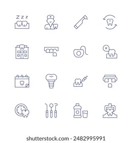 Dentist icon set. Thin line icon. Editable stroke. Containing anesthesia, calendar, dentalclinic, dentalimplant, dental, dentist, drill, floss, injection.