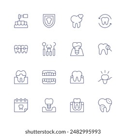 Dentist icon set. Thin line icon. Editable stroke. Containing braces, crown, dentaldrill, dentist, denture, gingivitis, love, periimplantitis, tooth.