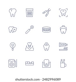 Dentist icon set. Thin line icon. Editable stroke. Containing brokentooth, checkup, dentalcare, denture, implant, mirror, pliers, teeth, tooth.