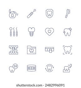 Dentist icon set. Thin line icon. Editable stroke. Containing dentalfloss, dentisttools, implant, mouthmirror, protection, tooth, toothbrush.