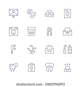 Dentist icon set. Thin line icon. Editable stroke. Containing certificate, dentalcare, dentalfloss, dentist, dentistchair, denture, pliers, teeth, tooth.