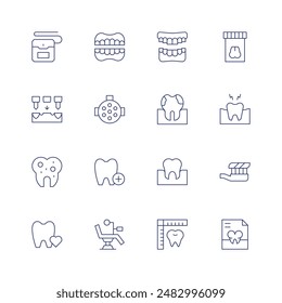 Dentist icon set. Thin line icon. Editable stroke. Containing bridge, cavity, dentalcare, dentalfloss, dentallight, dentist, dentistchair, denture.