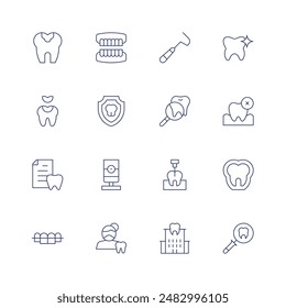 Dentist icon set. Thin line icon. Editable stroke. Containing caries, dentalfilling, dentalinsurance, denture, magnifyingglass, periodontalscaler, tooth.