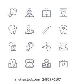 Dentist icon set. Thin line icon. Editable stroke. Containing braces, caries, dental, dentalfloss, dentalinsurance, dentist, denture.