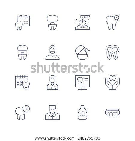 Dentist icon set. Thin line icon. Editable stroke. Containing appointment, calendar, dentalcrown, dentalimplant, dentist, drill, floss, invoice.