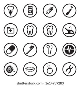 Dentist Icons. Black Flat Design In Circle. Vector Illustration.