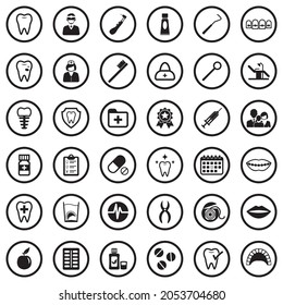 Dentist Icons. Black Flat Design In Circle. Vector Illustration.