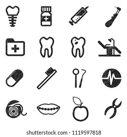 Dentist Icons. Black Scribble Design. Vector Illustration.