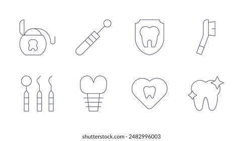 Dentist icons. Editable stroke. Containing dentalfloss, dentisttools, implant, mouthmirror, protection, tooth, toothbrush.