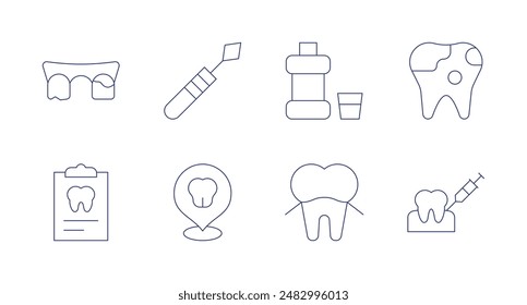 Dentist icons. Editable stroke. Containing clipboard, dentalcare, dentist, dentisttools, floss, injection, mouthwash, tooth.