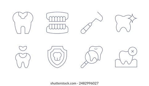 Dentist icons. Editable stroke. Containing caries, dentalfilling, dentalinsurance, denture, magnifyingglass, periodontalscaler, tooth.