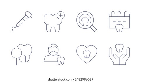 Dentist icons. Editable stroke. Containing caries, dentaldrill, dentist, healthcare, magnifyingglass, schedule, tooth.