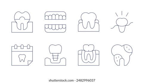 Dentist icons. Editable stroke. Containing calendar, crown, dentalimplant, denture, enamel, gingivitis, rotten, tooth.