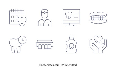 Dentist icons. Editable stroke. Containing calendar, clock, dentist, invoice, jaw, mouthwash, teeth, tooth.