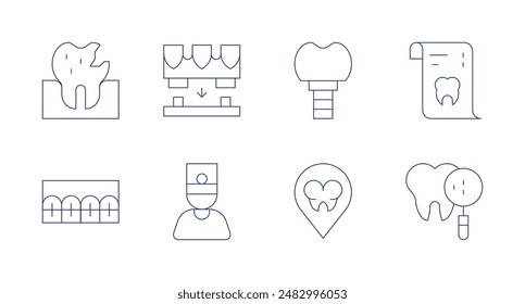 Dentist icons. Editable stroke. Containing brackets, cavity, dentist, denture, implant, pin, tooth, xray.