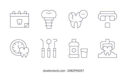 Dentist icons. Editable stroke. Containing calendar, clock, dentalimplant, dentisttools, mouthwash, teeth, tooth.