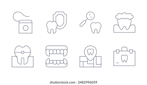 Dentist icons. Editable stroke. Containing braces, dentalfloss, dentalinsurance, denture, examination, mapmarker, suitcase, tooth.