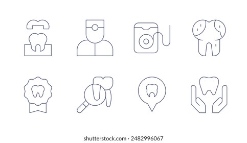 Dentist icons. Editable stroke. Containing badge, crown, dentist, floss, location, rotten, tooth.