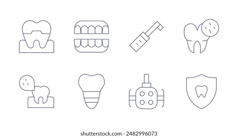 Dentist icons. Editable stroke. Containing bacteria, dentalcrown, dentalimplant, denture, electrictoothbrush, lamp, tooth.