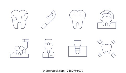 Dentist icons. Editable stroke. Containing anesthesia, calculus, dentalfloss, dentist, dirtytooth, implant, removal, tooth.