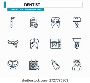 Conjunto de iconos de dentista: herramienta de perforación de dentistas, lista médica, casa dental, accesorio de implante, colección de Vector de contorno de niña enferma.