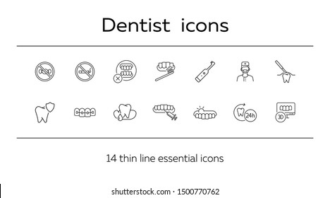 Dentist icons. Set of line icons. Doctor, tooth, pain. Medicine concept. Vector illustration can be used for topics like stomatology, treatment, patient
