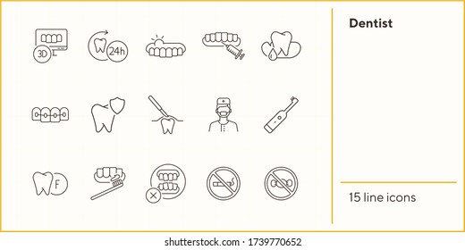 Dentist icons. Set of line icons. Doctor, tooth, pain. Medicine concept. Vector illustration can be used for topics like stomatology, treatment, patient