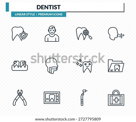 dentist icons set - prophylaxis, healthy boy, dental checkup, dental folder, aid outline vector collection.
