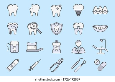 Dentist Icons set - Vector color symbols of medicine, tooth, toothbrush, toothpaste, caries and floss for the site or interface