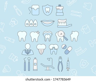 Dentist Icons set - Vector color symbols and outline of medicine, tooth, toothbrush, toothpaste, caries and floss for the site or interface