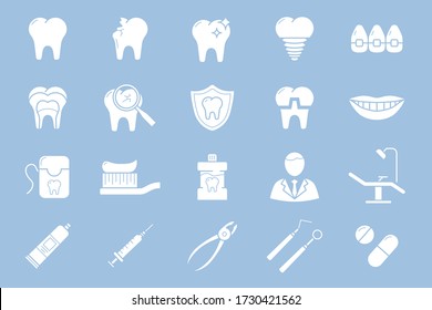 Dentist Icons set - Vector silhouettes of medicine, tooth, toothbrush, toothpaste, caries and floss for the site or interface