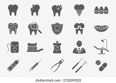 Dentist Icons set - Vector silhouettes of medicine, tooth, toothbrush, toothpaste, caries and floss for the site or interface
