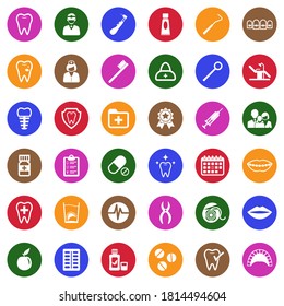 Dentist Icons. White Flat Design In Circle. Vector Illustration.