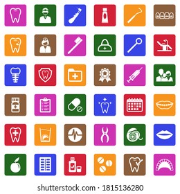 Dentist Icons. White Flat Design In Square. Vector Illustration.