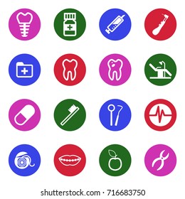 Dentist Icons. White Flat Design In Circle. Vector Illustration. 