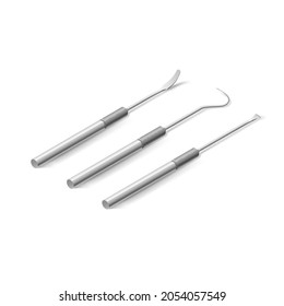 Dentist Instruments and Tools Laid out Against White Background. A Set of Isometric Medical Equipment for Teeth Dental Care. Dental Hygiene and Healthcare Concept