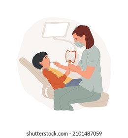 Dentist isolated cartoon vector illustration. Pediatric dentistry, child in dentists chair, medical equipment, doctor makes dental examination, kid opening moth, family clinic cartoon vector.