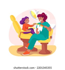 Dentist isolated cartoon vector illustration. Pediatric dentistry, child in dentists chair, medical equipment, doctor makes dental examination, kid opening moth, family clinic vector cartoon.