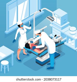 Dentist isometric background with patient in medical armchair and working dentist and assist vector illustration